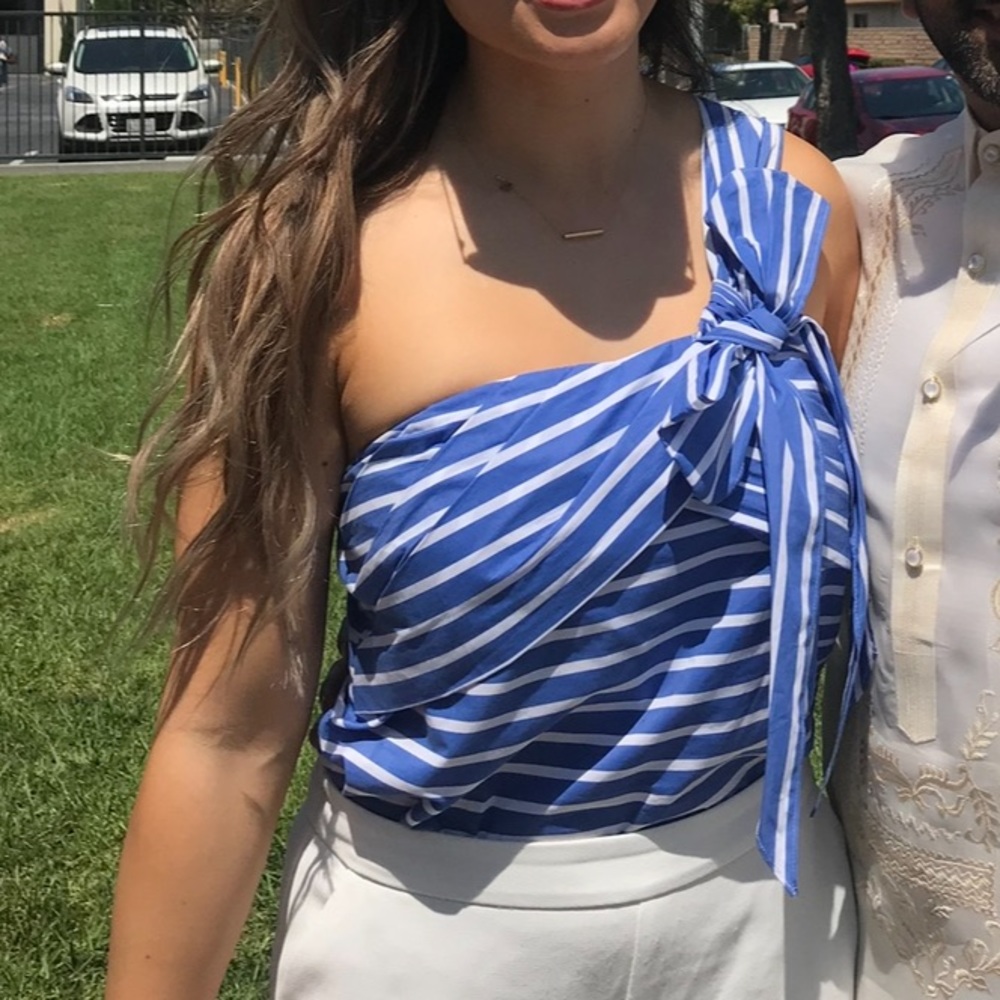 J Crew One Shoulder Blue and White Stripe Top